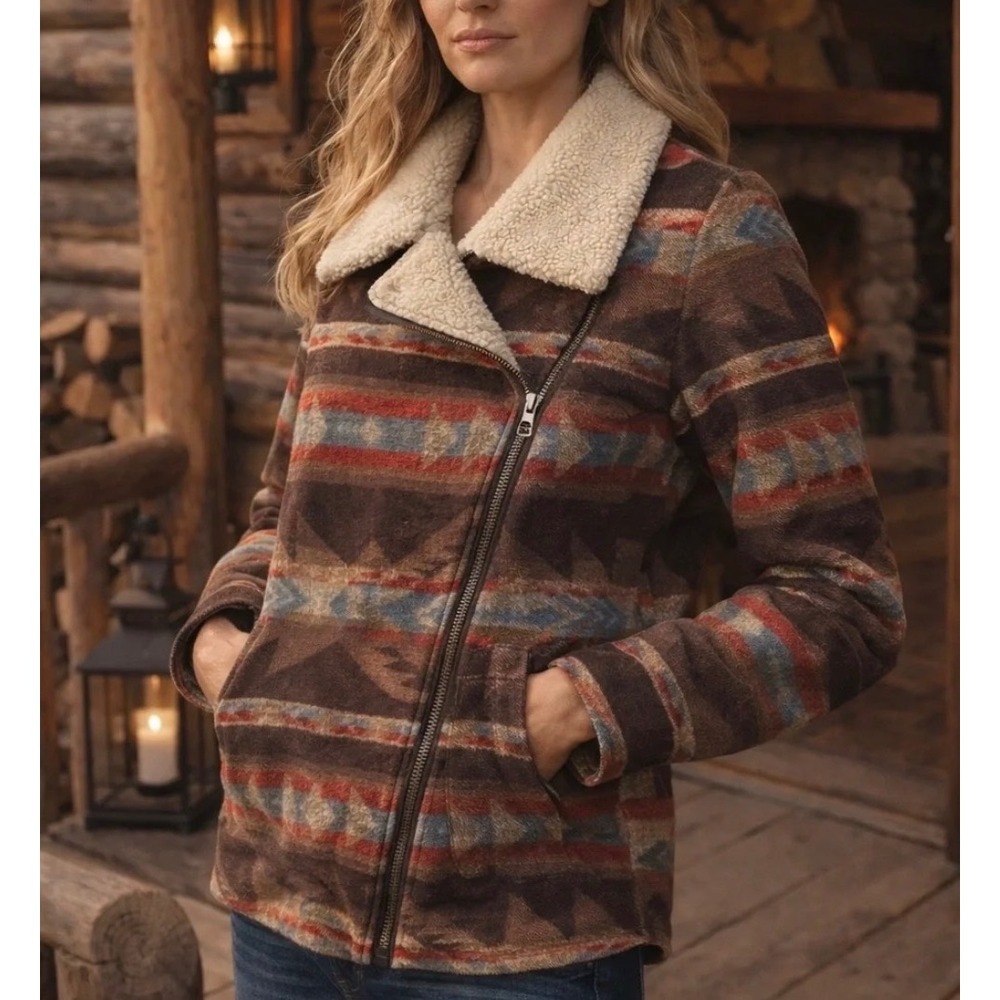 Lauren Ralph Lauren Southwestern Sherpa Collar Moto Jacket Zip Up Medium